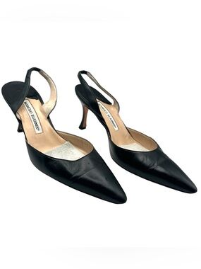 Womens Manolo Blahnik Black Slingback Heels Pointed Toe Kitten Heel Carolyne 38